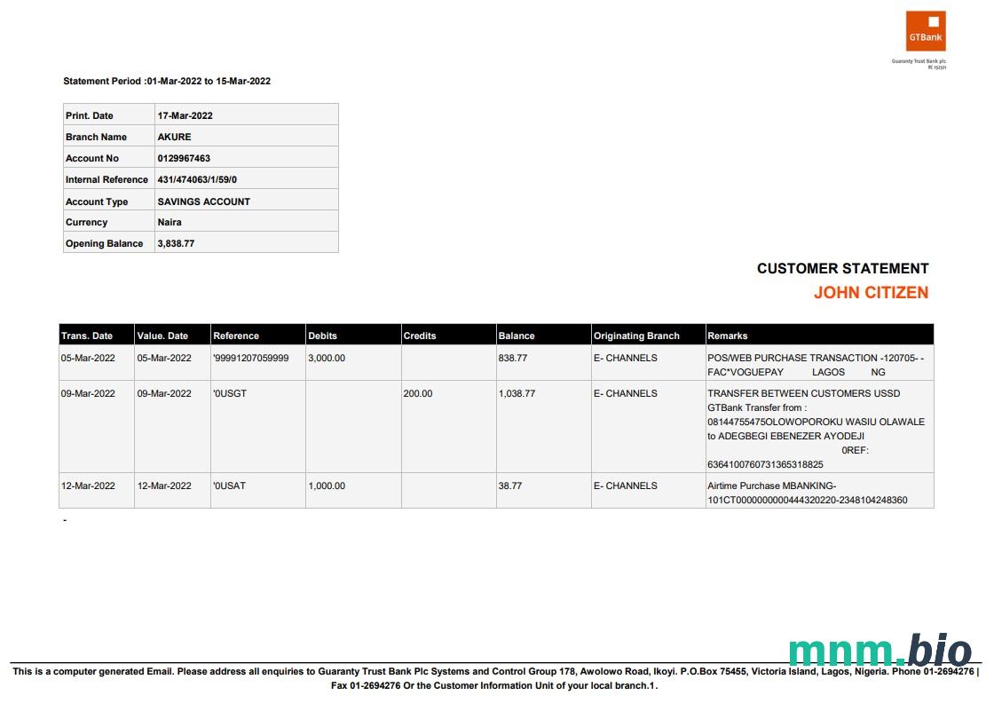 Oświadczenie Nigeria GTBank, szablon Word i PDF, Wersja 2